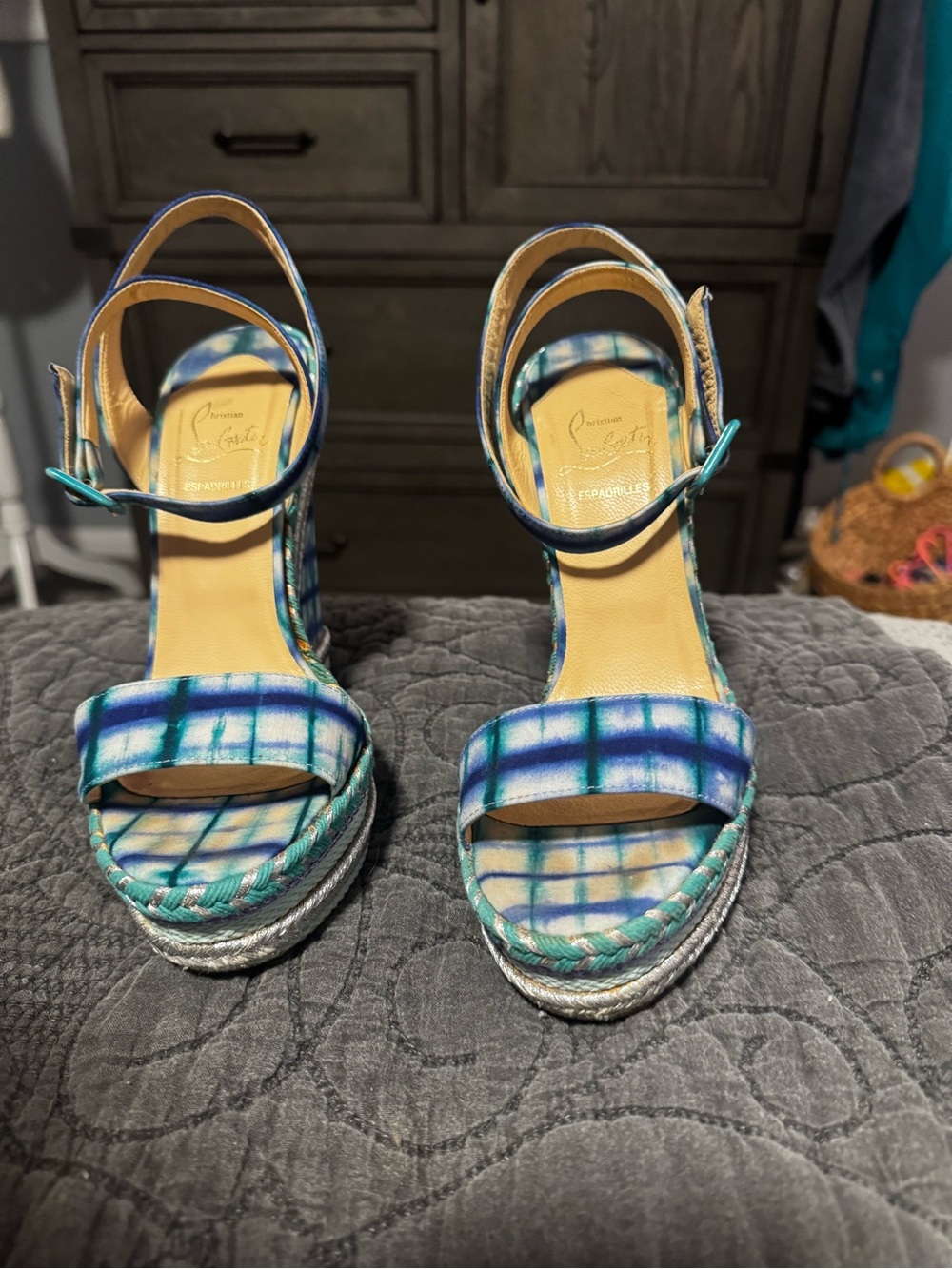 Christian Louboutin Blue Green Plaid Women's Wedge Sandals Size 7-1/2